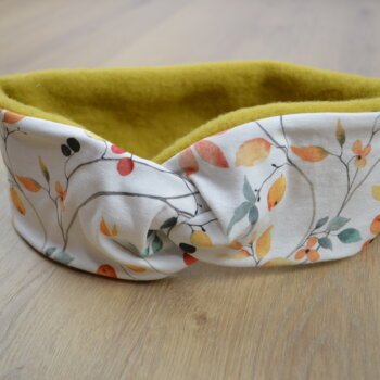 Knotenstirnband, Wollfleece senfgelb, Jersey mit Blüten