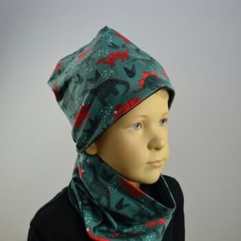 Tragefoto - Jerseyhaube und Loop, Dinos auf grünen Hintergrund