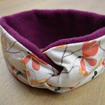 Knotenstirnband, Wollfleece beere, Jersey mit Blüten