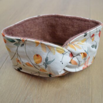 Knotenstirnband, Wollfleece rouge-meliert, Jersey mit Blüten