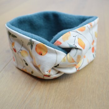 Knotenstirnband, Wollfleece hellblau, Jersey mit Blüten