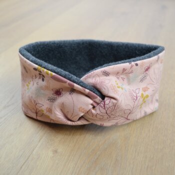 Knotenstirnband, Wollfleece dunkelgrau, rosa Jersey mit Blüten und Blättern